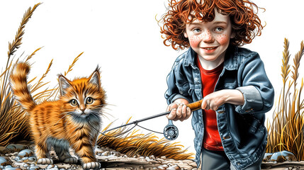 Two red-haired friends - a boy with a fishing rod and a kitten - are walking near the river. Storybook illustration.