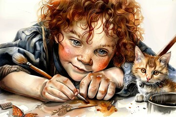 A young artist, a boy with curly red hair, paints with his red cat while sitting at the table. Watercolor illustration on a white background.