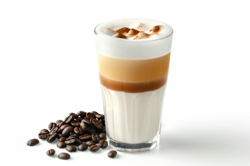 a glass of coffee with a drink and coffee beans