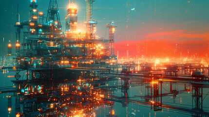 Obraz premium Futuristic cityscape with glowing structures at dusk.