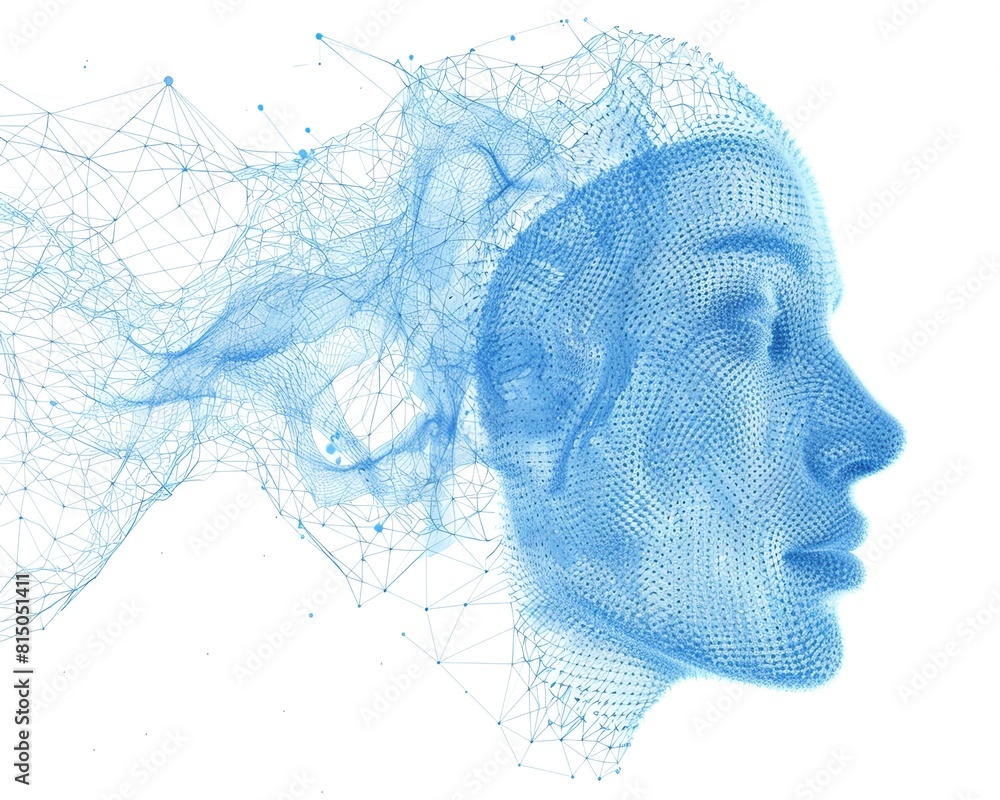 Poster generate a 3d rendering of a human face from multiple angles. the face should be blue and have a fut