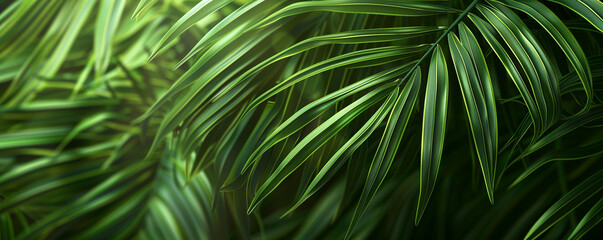 Close-up of lush green palm leaves texture.