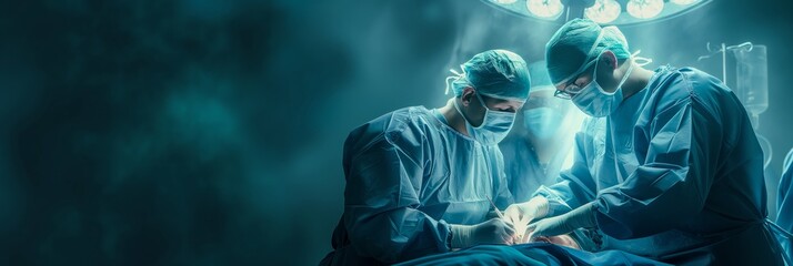 Surgeons in scrubs and masks performing an operation in a dimly lit operating theater, showcasing medical teamwork and expertise