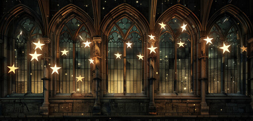 Naklejka premium Banner with Gothic architecture influence for Memorial Day, featuring cathedral window stars.