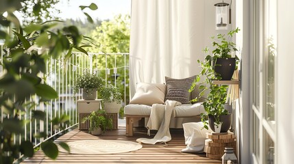 A Scandinavianstyle balcony with cozy textiles, wooden decking, and potted plants creating a serene outdoor retreat