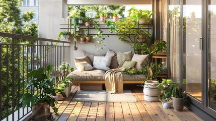 A Scandinavianstyle balcony with cozy textiles, wooden decking, and potted plants creating a serene outdoor retreat