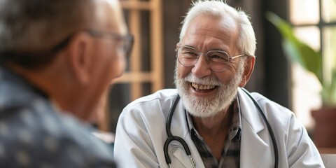 Senior doctor with glasses sharing a laugh with a patient, exemplifying good bedside manner