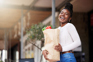 Bag, groceries and black woman for shopping, outside and vegetables for healthy food. Face, smile and happy for promo and discount on sale for produce, female person and customer in city supermarket