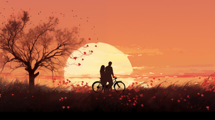 Silhouetted figures in nature: a couple with bike, looking against the sunset sky. Generative AI