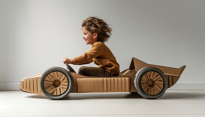 Child racing on a cardboard sports car
