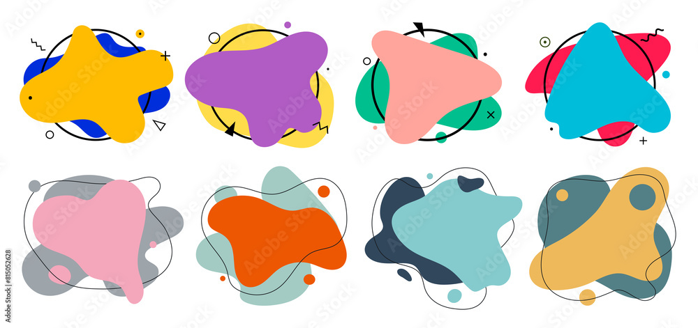 Wall mural set of 8 abstract graphic liquid elements in memphis style. dynamical waves colored fluid shapes. is