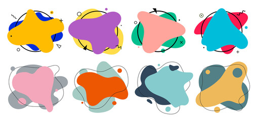 Set of 8 abstract graphic liquid elements in memphis style. Dynamical waves colored fluid shapes. Isolated banners with flowing liquids. Template for the design of a logo, flyer or presentation.	
