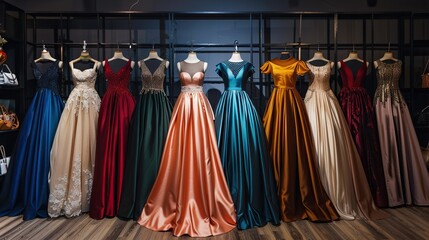 nine evening gowns of various colors hanging on a clothes rack.

