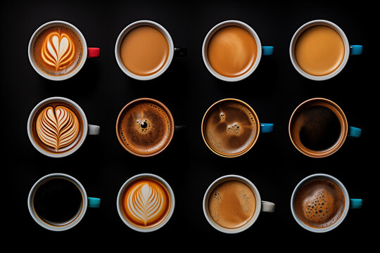 Variety of coffee cups with frothy toppings on black background (Generative AI).