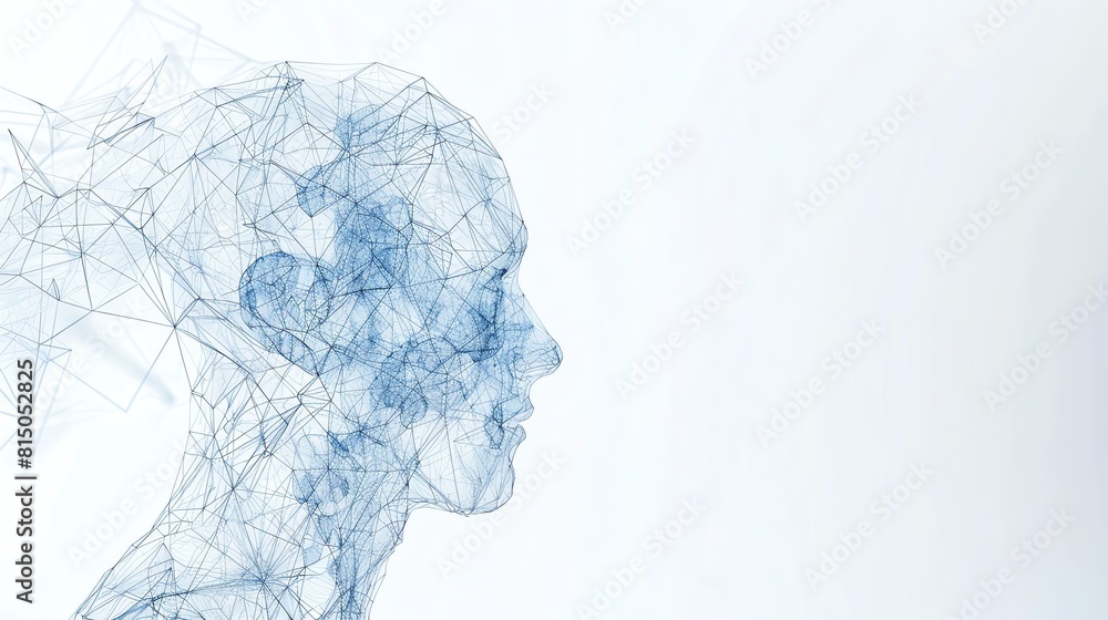 Poster generate an abstract portrait of a human face using a blue and white color scheme