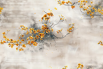 Seamless floral pattern with branch of a blossoming tree with yellow leaves on a grunge background