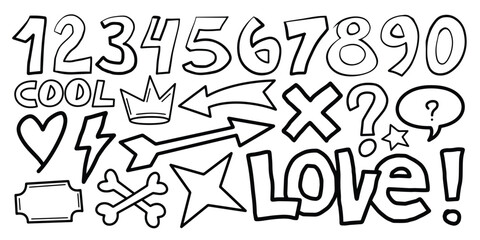 A set of doodles. Hand-drawn cute cartoon pencil sketches of decorative icons. Vector illustration.