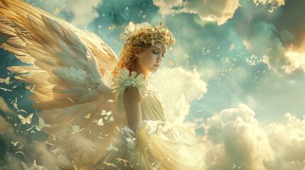 A woman in a yellow dress is flying through the sky above a castle