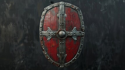 Medieval shield on a dark background. Metal protection, medieval armor