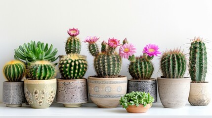 Various potted cacti with vibrant flowers against a clean white backdrop