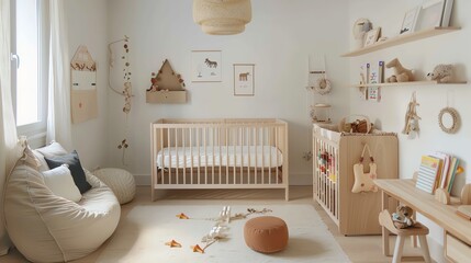 A Scandinavianstyle nursery with neutral tones, a soft area rug, and floating wooden shelves for childrens books