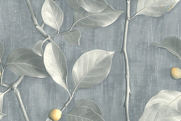 Seamless floral pattern with branch of tree with leaves and berries. Vintage texture.