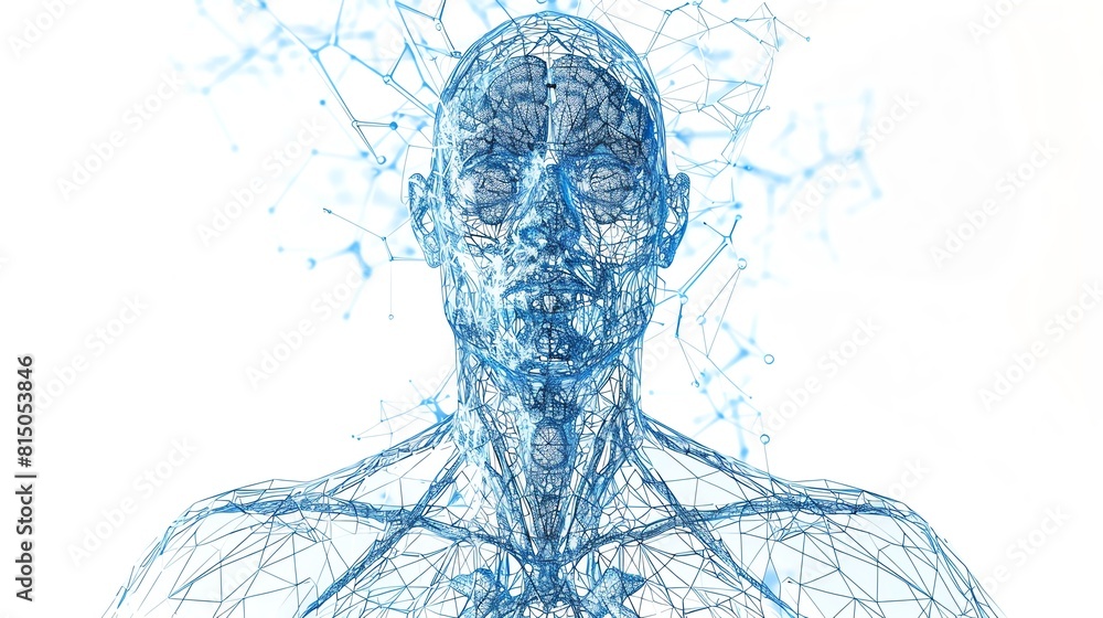 Poster generate an abstract representation of the human body, rendered in a blue translucent material, glow