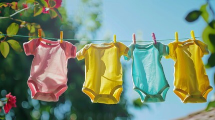 Drying, colorful, baby, clothes, hanging, clip, outdoors, 4K, stock, photo