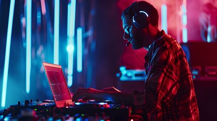 African American man in headphones mixing music at dj mixer controller in nightclub