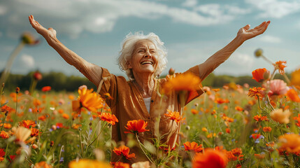 Elderly Woman Celebrating Life Joyfully in Vibrant Orange Flower Field under Blue Sky
