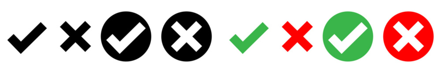 Green check mark, red cross mark icon set. Isolated tick symbols, checklist signs, approval badge. Vector illustration.
