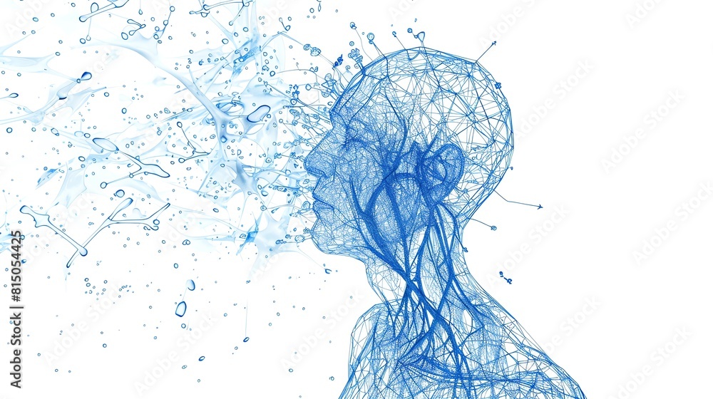 Poster generate an abstract image of a human head in profile with a glowing blue circuit board pattern over