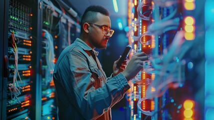 A young male IT specialist works in a data center and checks the status of the servers.
