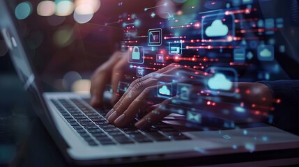 Businesswoman using laptop computer with cloud computing technology and internet of things.