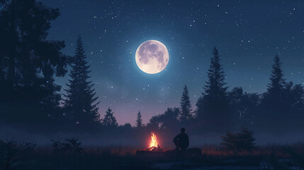 Man Sitting by Campfire Under Full Moon Night Sky in Forest Clearing