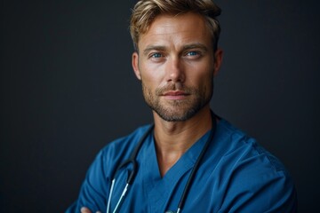 Portrait of an attractive male medical professional in blue scrubs with a confident and pensive expression