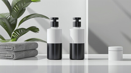 Modern Black and White Dispenser Bottles on White Shelf with Grey Towels and Green Plant