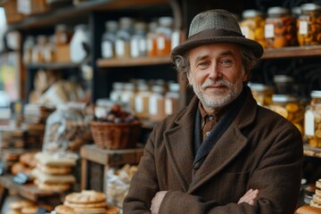 An older man with a beard and hat stands in front of a market stall filled with homemade goods
