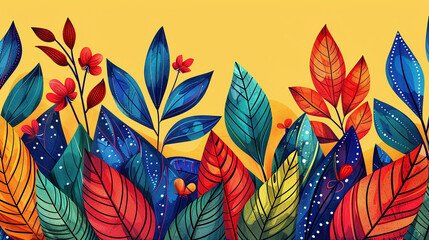 Vibrant Red Blue Green Leaves Floral Art on Yellow Background Illustration
