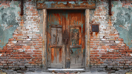Aged Wooden Double Doors Peeling Paint Brick Wall Vintage Architectural Detail