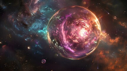 The image shows a colorful planet-like sphere with a glowing core surrounded by a vibrant nebula and stars in deep space.