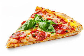 a slice of pizza with pepperoni and basil on top