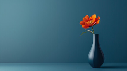 Single Orange Flower in Navy Blue Vase Minimalist Design on Blue Background