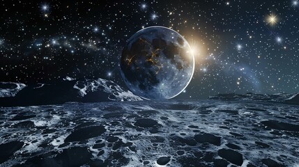 The surface of the moon with the Earth rising in the background.