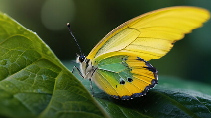 Obraz premium A vibrant yellow-green butterfly perched on a lush leaf, with a softly blurred background highlighting its delicate beauty.