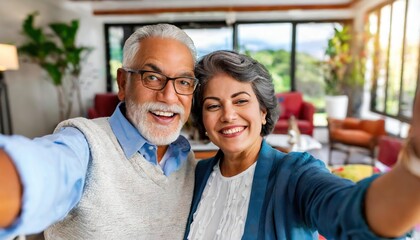 Obraz premium Elderly Couple Taking a Selfie in a Modern Living Room 