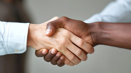Close Up Handshake White and Black Hands Against Grey Background Unity Concept