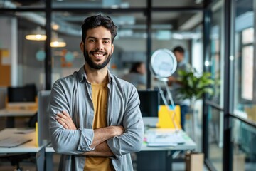 Fototapeta premium Young Caucasian man with Beard Leading Innovative Team of Developers in Office Environment