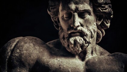 Fragment of an ancient stone statue of Hercules against black backgrouund as symbol of power and strength
