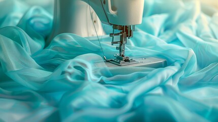 Turquoise fabric draped over a sewing machine in a stock photo